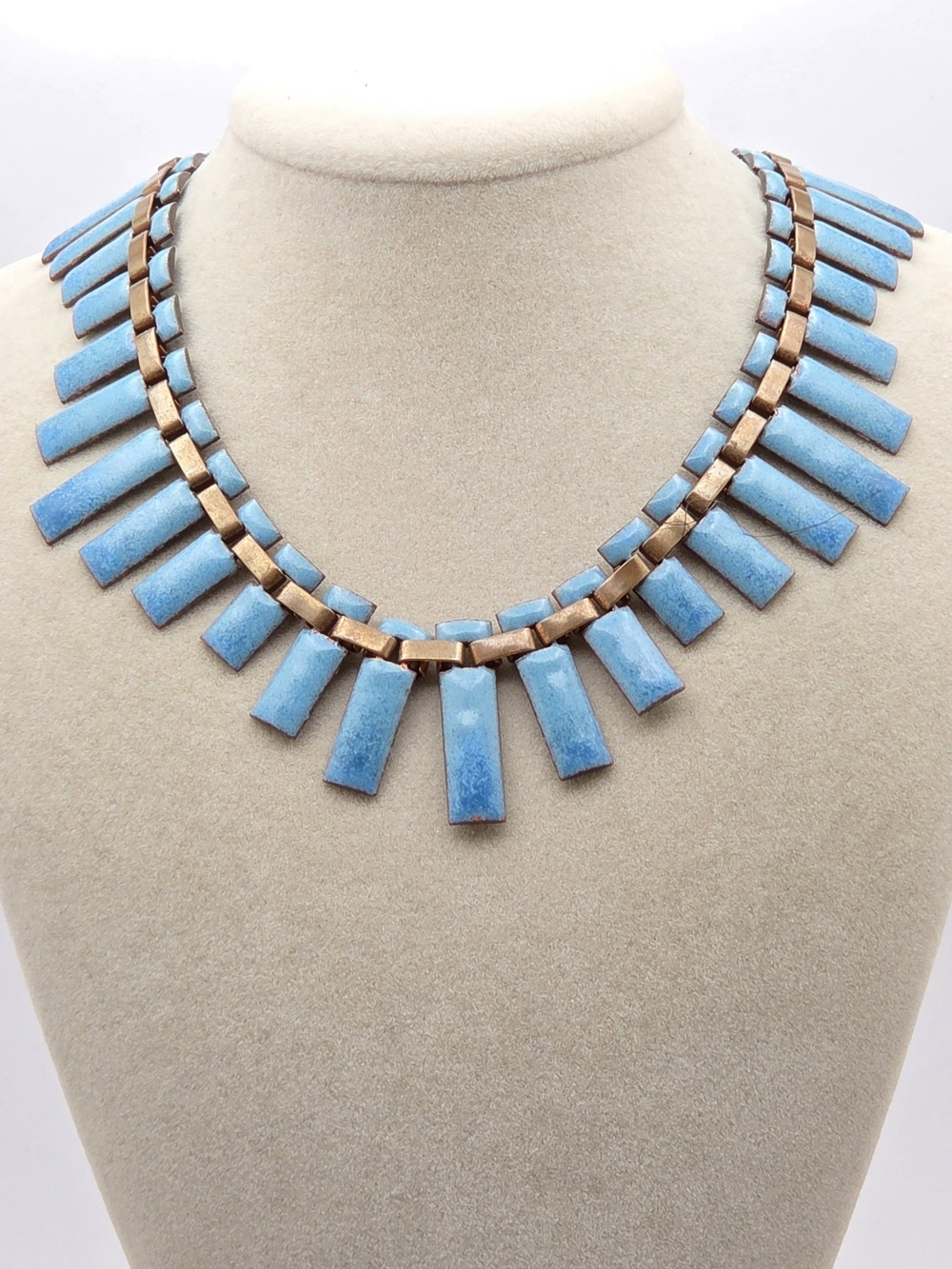 Matisse Vintage Mid-Century Copper & Blue Enamel Fringe Statement Necklace – 15"